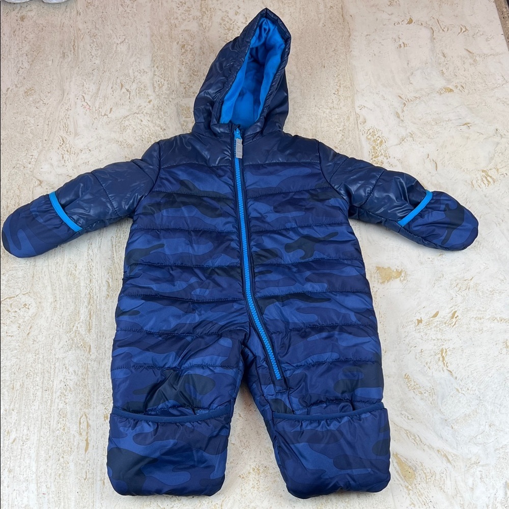 Carter’s baby snowsuit blue camo zip up size 6-9 months fold over hands / feet